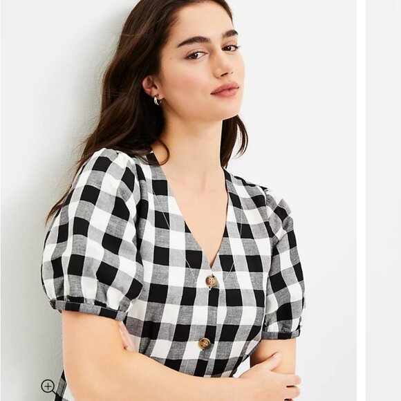 NWT LOFT Gingham Button V-Neck Dress Puff Short Sleeve Black White Size 2 Petite - Picture 2 of 8